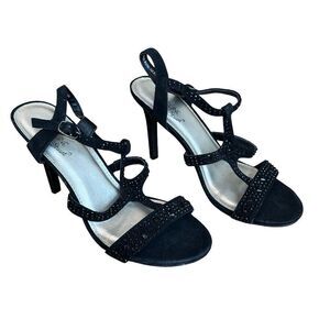 EUC Madeline Stuart 4" Black Strappy Beaded/Gem Heel-Sandal Size 7